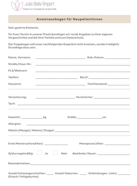 Anamnese-Bogen Anamnese-Bogen Frauenärztin Bella-Timpert